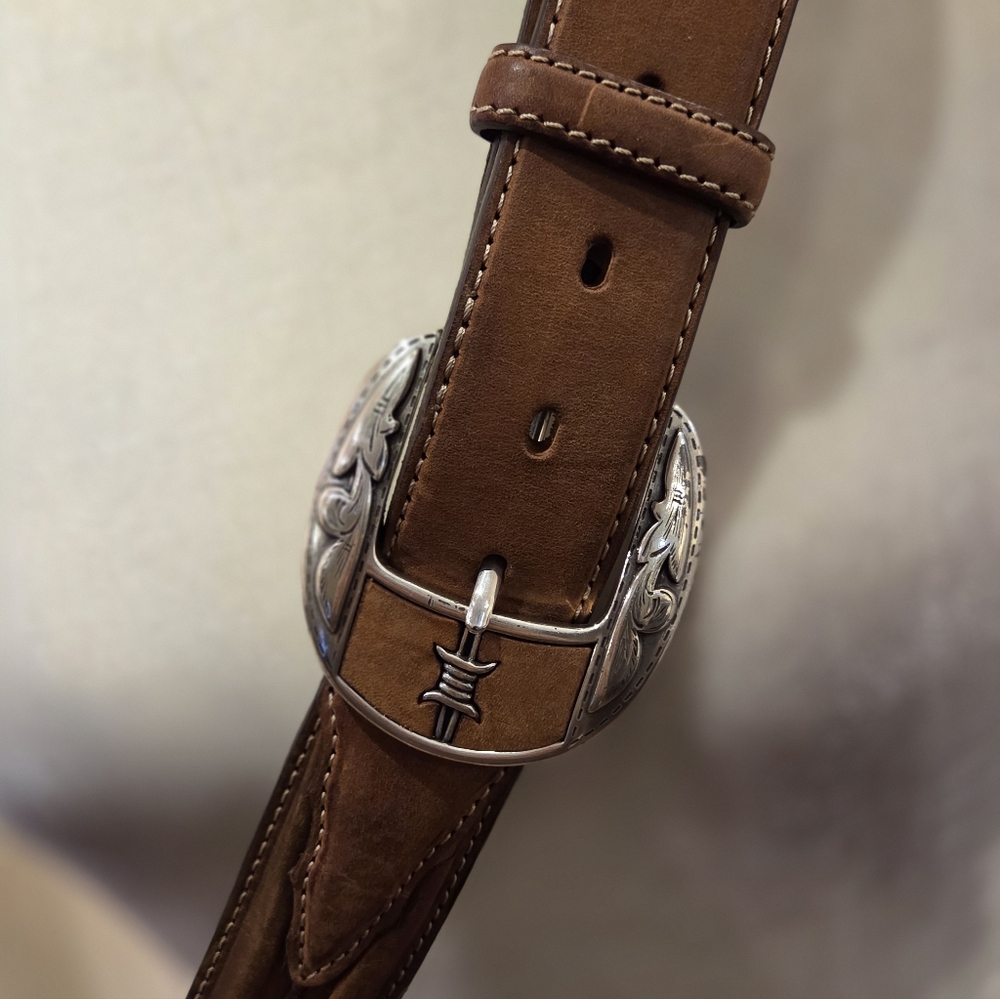 Leather Western Belt with Silver Buckle - Picture 7 of 16